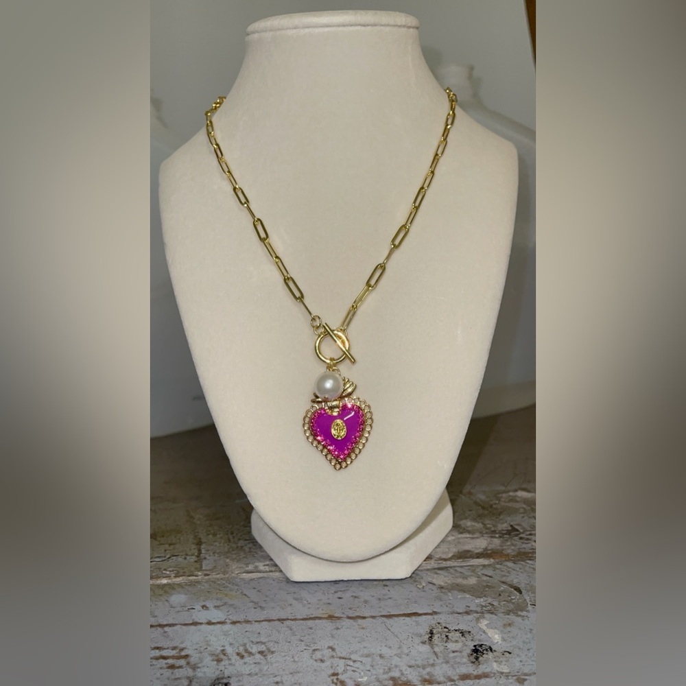 Gold Chain Necklace with Pink Heart Pendant and Pearl Accent